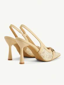 CUCCOO CHICEST Metal Double D Buckle Apricot Lace Embroidery Pointed Back Empty Sandals Women - Apricot - View 5