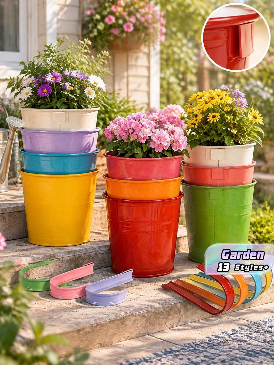 1/3/5pcs Metal Bucket Planters - Rustic Balcony Wall-Mounted Flower Pots With Handles, Garden Decor, Suitable For Indoor And Outdoor Use - Multicolor - View 1