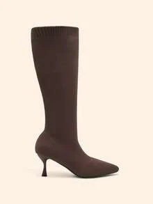 CUCCOO BASICS Women's Pointed Toe Fabric Wine Glass Heel Knee-High Boots, Classic Holiday Commute Boots - dark coffee - View 6