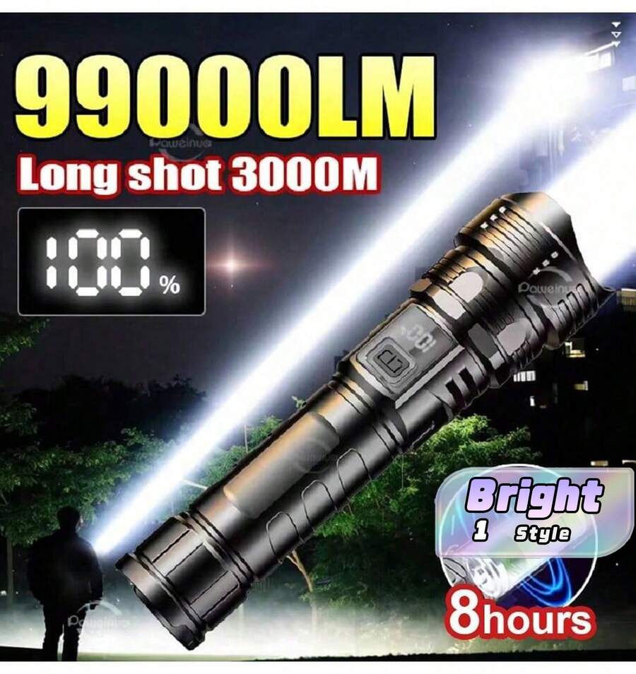 Strong LED Flashlight, Ultra Bright Tactical Light, Emergency Spotlight, Long-Range Zoom Flashlight, Built-In Battery - Black - View 1