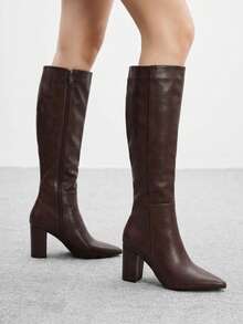 CUCCOO BIZCHIC Women's Classic Chunky Heel Side Zipper Boots, Pointed Toe Coffee Brown High Heel Knee-High Boots, Suitable For Date And Commute - Brown - View 3