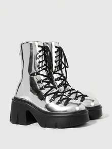 Sugerpunk Round Toe Rear Zipper Simple Punk British Platform Comfortable Versatile Medium Boots Women's Shoes - Silver - View 2