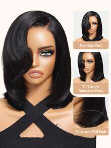 ALL READY WIG Bye-Bye Slip 6x4 蕾絲封口側分層次假髮，附側分瀏海，隱形抽繩，自然髮際線，預剪預拔預漂色，不掉髮，可調節帽頂，適合初學者，免膠水，適配所有頭圍，100% 真人髮，透明蕾絲 - SNatural - 查看 6