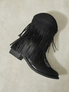 Styleloop Black Double Layer Tassel Western Cowboy Ankle Boots For Women, Woven Strap Pointed Toe Chunky Heel Ankle Boots, Cool Music Festival Party Boots - Black - View 11