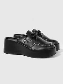 Sugerpunk Retro Bow Dew Heel Mule Shoes Women's, Platform Sole Slip-On Punk Style Versatile Outdoor Cool Slippers, Summer Wear - Black - View 2