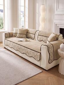 1PC Retro Splicing Design Chenille Material Sofa Cover Sofa Cushion, Non-Slip Back Pet Friendly, Holiday Decoration Home Protection, Old Sofa Refurbishment Suitable For Most 1-4 Seat Sofas - Beige - View 9