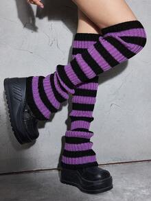 ROMWE Grunge Punk 1 Pair Of Women's Purple And Black Striped Long Knitted Leg Covers, Widely Used, Suitable For All Seasons, Suitable For Dark, Sweet And Various Styles - Purple and black - View 1