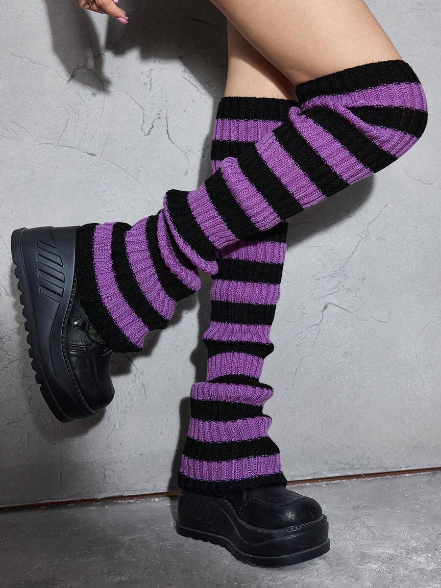 ROMWE Grunge Punk 1 Pair Of Women's Purple And Black Striped Long Knitted Leg Covers, Widely Used, Suitable For All Seasons, Suitable For Dark, Sweet And Various Styles - Purple and black - View 1