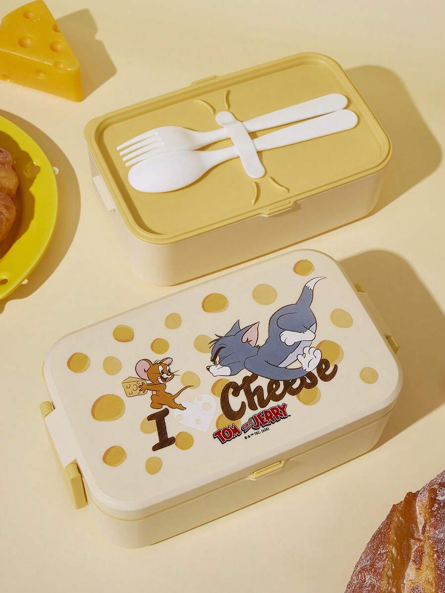 TOM & JERRY X Joivida Cartoon Print Lunch Box, Portable Leak Proof Bento Box, Food Storage Container For School Office Picnic, Remove Lid When Microwaving - Yellow - View 1