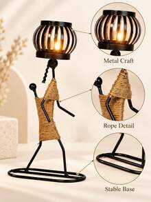 1 Buah Tempat Lilin Figur Gadis Kawat Besi Buatan Tangan dengan Gaun Tali Rami Kepang Lentera Tempat Lilin Ornamen Meja Retro untuk Ruang Tamu, Meja Makan, Pesta Pernikahan, Dekorasi Rumah, Hadiah - E - View 2