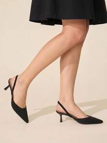 CUCCOO BASICS Women's Fashion And Sexy Pointed Toe Round Vamp Rear Empty Weave. Fabric Fabric Elastic Slingback High Heel Shoes - Black plain weave - View 4