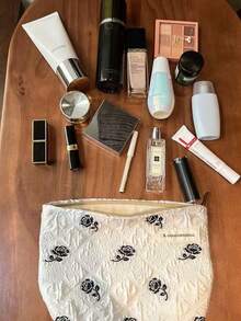 1PC Rose Print Cosmetic Bag Large Capacity Portable Makeup Organizer Pouch With Inner Lining For Travel Daily Use Storage For Brushes Skincare Essentials - White - View 5