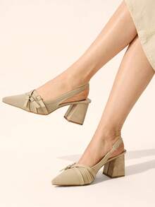 CUCCOO BASICS Women Shoes Pointed Thick High Heel Apricot Knitted Multi-Strip Buckle Comfortable And Breathable Daily Versatile Commuter Women's High Heel Shoes Fall Shoes - Apricot 5 - View 1