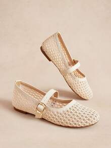 Rosivie New Women's Popular Summer Fashion Simple Solid Color Splicing Mesh Woven Mesh Design, One Pedal Round Toe With Adjustable Buckle Flat Beige - Beige - View 4