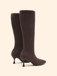 CUCCOO BASICS Women's Pointed Toe Fabric Wine Glass Heel Knee-High Boots, Classic Holiday Commute Boots - dark coffee - View 5