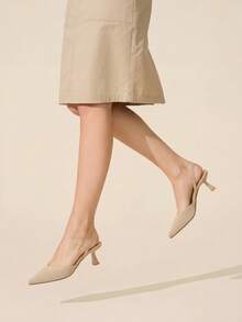 CUCCOO BASICS Women's Beige Pointed Toe V-Neck Fine Textured Hollow Out Mid-High Heel Versatile Commuter Pumps - Khaki - View 6