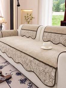1PC Retro Splicing Design Chenille Material Sofa Cover Sofa Cushion, Non-Slip Back Pet Friendly, Holiday Decoration Home Protection, Old Sofa Refurbishment Suitable For Most 1-4 Seat Sofas - Beige - View 2
