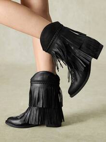 Styleloop Black Double Layer Tassel Western Cowboy Ankle Boots For Women, Woven Strap Pointed Toe Chunky Heel Ankle Boots, Cool Music Festival Party Boots - Black - View 4