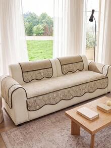 1PC Retro Splicing Design Chenille Material Sofa Cover Sofa Cushion, Non-Slip Back Pet Friendly, Holiday Decoration Home Protection, Old Sofa Refurbishment Suitable For Most 1-4 Seat Sofas - Beige - View 6