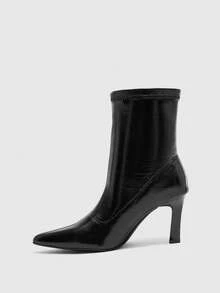 CUCCOO BIZCHIC Autumn And Winter Pointed Thick High-Heeled Elastic Sleeve Medium Boots - Black - View 4