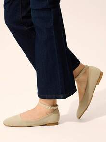 CUCCOO BASICS Women's Round Toe Flat Bottom Apricot Knitted Ankle Strap Low Vamp Flat Bottom Shoes Simple, Comfortable And Breathable Versatile Daily Commuter - Apricot - View 7