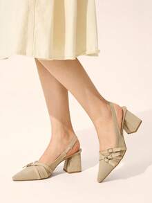 CUCCOO BASICS Women Shoes Pointed Thick High Heel Apricot Knitted Multi-Strip Buckle Comfortable And Breathable Daily Versatile Commuter Women's High Heel Shoes Fall Shoes - Apricot 5 - View 6