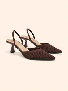 CUCCOO BASICS Women's Pointed Toe Coffee Brown Knitted V-Cut Elastic Band Backless High Heel Pumps, Elegant Breathable Daily Commute Shoes Fall Shoes - dark coffee - View 6