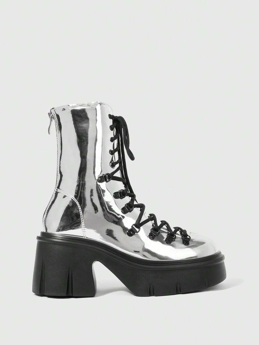 Sugerpunk Round Toe Rear Zipper Simple Punk British Platform Comfortable Versatile Medium Boots Women's Shoes - Silver - View 1