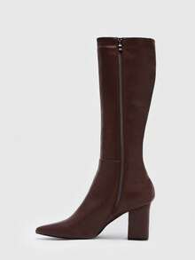 CUCCOO BIZCHIC Women's Classic Chunky Heel Side Zipper Boots, Pointed Toe Coffee Brown High Heel Knee-High Boots, Suitable For Date And Commute - Brown - View 7