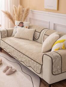 1PC Retro Splicing Design Chenille Material Sofa Cover Sofa Cushion, Non-Slip Back Pet Friendly, Holiday Decoration Home Protection, Old Sofa Refurbishment Suitable For Most 1-4 Seat Sofas - Beige - View 1