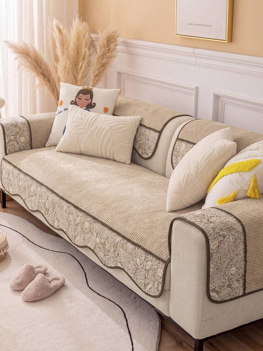 1PC Retro Splicing Design Chenille Material Sofa Cover Sofa Cushion, Non-Slip Back Pet Friendly, Holiday Decoration Home Protection, Old Sofa Refurbishment Suitable For Most 1-4 Seat Sofas - Beige - View 1