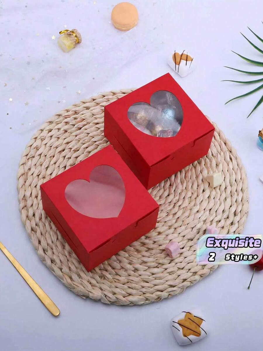 20/10pcs Red Heart Shaped Bakery Boxes With Viewing Window, Ideal For Valentine'S Day Snacks, Cupcakes, Pastries, And Strawberry Desserts, Suitable For Weddings, Birthdays, And Other Occasions, Holiday Design Paper Baking Boxes - Multicolor - View 1