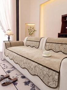 1PC Retro Splicing Design Chenille Material Sofa Cover Sofa Cushion, Non-Slip Back Pet Friendly, Holiday Decoration Home Protection, Old Sofa Refurbishment Suitable For Most 1-4 Seat Sofas - Beige - View 4