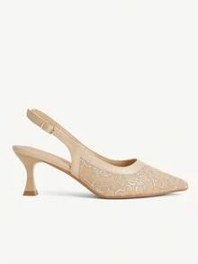 CUCCOO CHICEST Ladies, Embroidered Back Strap Adjustable Buckle Elegant Banquet Low Vamp Closed Toe Elegant Stiletto Pointed Sandals - Apricot - View 3