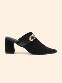 CUCCOO BASICS Women's Pointed Toe High Thick Heel Black Knitted Surface Buckle Women's Rear Empty Shoes Daily Commuting Elegant Breathable Elegant High - Black - View 2
