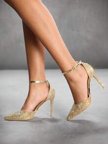 CUCCOO SZL Women's Fashionable Gold Full Rhinestone Ankle Strap Pointed Toe Stiletto High Heel Shoes, Suitable For Dating, Gathering, Holidays, Party Spring Shoes Spring Break Easter For Christmas Spring Shoes Fall Shoes - Gold - View 5