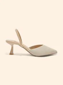 CUCCOO BASICS Women's Beige Pointed Toe V-Neck Fine Textured Hollow Out Mid-High Heel Versatile Commuter Pumps - Khaki - View 5