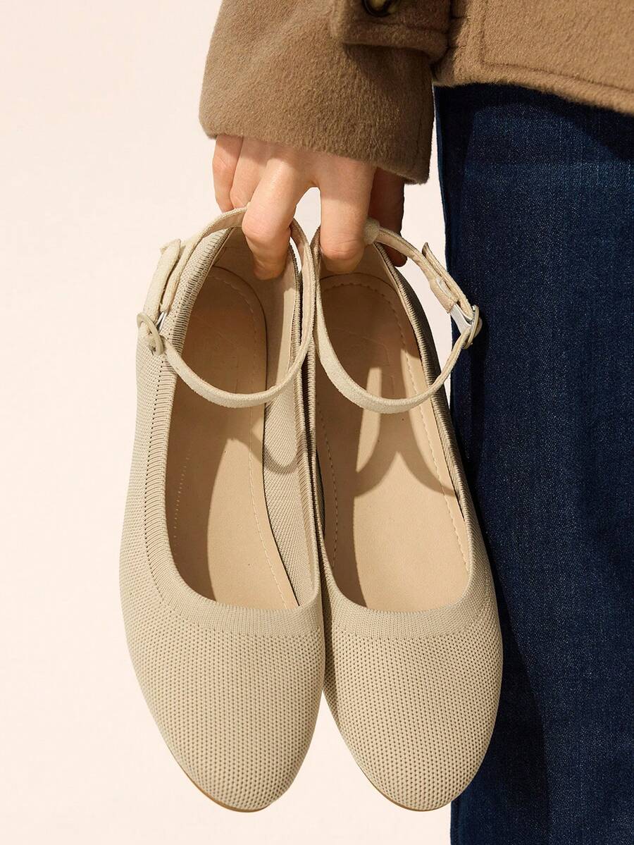 CUCCOO BASICS Women's Round Toe Flat Bottom Apricot Knitted Ankle Strap Low Vamp Flat Bottom Shoes Simple, Comfortable And Breathable Versatile Daily Commuter - Apricot - View 1