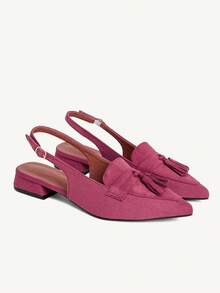 CUCCOO CHICEST 麂皮流蘇酒紅色尖頭低跟綁帶鞋，優雅包頭露跟通勤女款涼鞋 - 酒紅色 - 查看 2