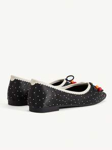 CUCCOO CHICEST Fashion Elegant Gentle Versatile Polka Dot Bow Beaded Flat Bottom Low Vamp Commuter Black Shoes - Black - View 5