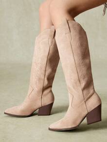 Styleloop Women's Suede Embroidered Western Cowboy Boots, Pointed Toe Chunky Heel Tall Boots, Vintage Music Festival Vacation Versatile Boots - shallow khaki - View 8