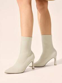 CUCCOO BASICS Women's Pointed Toe Mid-Calf Fabric Bread Cloth Mid-High Heel Elastic Boots, Sexy Versatile Commuter Autumn/Winter Classic Women's Shoes Fall Boots - Beige - View 7