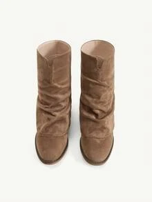 CUCCOO CHICEST Women's New Vintage Chunky Heel Western Boots, Casual Versatile Ruched Brown Mid-Calf Boots Winter Boots - Brown - View 3