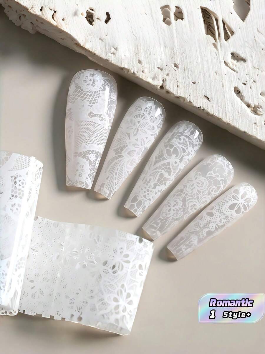 Romantic Black White Lace Nail Transfer Paper – Hollow Mesh Texture & Starry Sky Pattern, French Style DIY Nail Decals For Wedding & Party - Multicolor - View 1