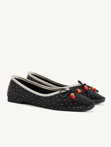 CUCCOO CHICEST Fashion Elegant Gentle Versatile Polka Dot Bow Beaded Flat Bottom Low Vamp Commuter Black Shoes - Black - View 2