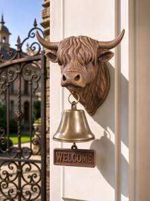 1PC Metal HighlandCow WelcomeBell Rustproof WallHanging DoorChime Decorative Ornament For Entryway FrontDoor Home Shop Christmas NewYear Gift - Brown - View 7