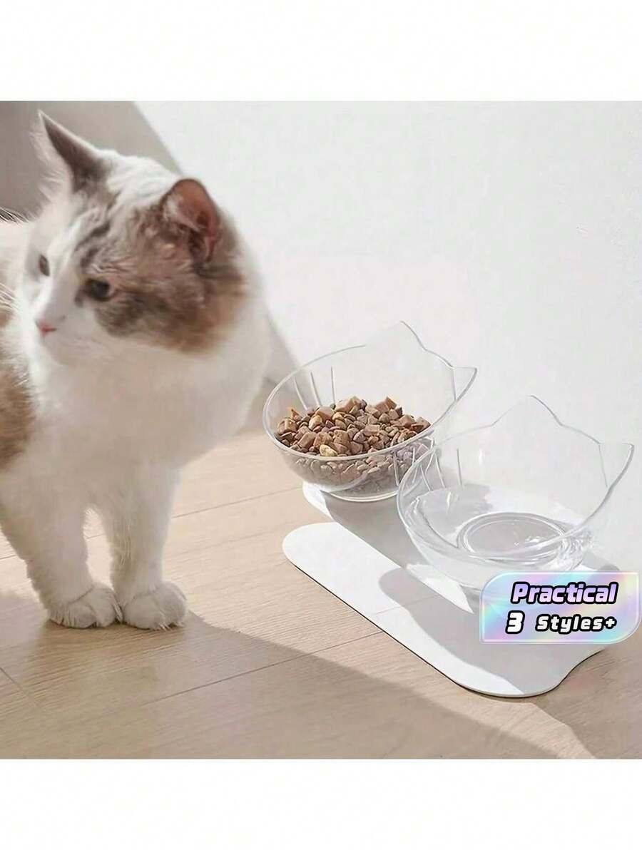 Elevated Cat Feeder And Water Bowl Set - Plastic, Non-Slip, Neck-Protecting Design For Cats - Multicolor - View 1