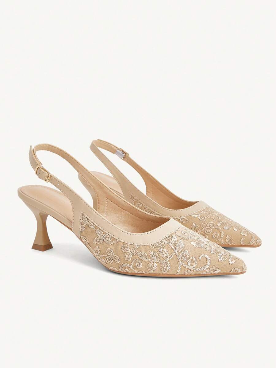 CUCCOO CHICEST Ladies, Embroidered Back Strap Adjustable Buckle Elegant Banquet Low Vamp Closed Toe Elegant Stiletto Pointed Sandals - Apricot - View 1