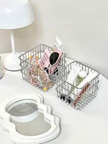 Square Stainless Steel Metal Storage Basket Organizer For Desktop Cosmetic Home - Multicolor - View 3