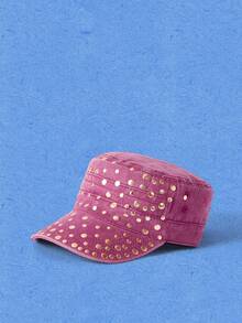 Popjeli Y2K Punk Metal Stud Flat Top Cadet Hat, Distressed Washed Rivet Army Cap, Retro Streetwear Adjustable Sun Cap For Club Street Outfit - Multicolor - View 4